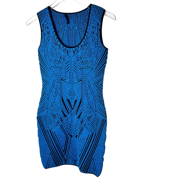RVN Abstract Jacquard dagger 3D tank Bodycon dress scuba blue/black Medium - Picture 3 of 10